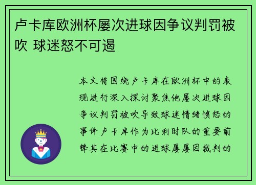 卢卡库欧洲杯屡次进球因争议判罚被吹 球迷怒不可遏