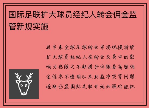 国际足联扩大球员经纪人转会佣金监管新规实施 国际足联扩大球员经纪人转会佣金监管新规实施