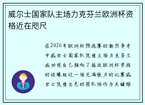 威尔士国家队主场力克芬兰欧洲杯资格近在咫尺 威尔士国家队主场力克芬兰欧洲杯资格近在咫尺