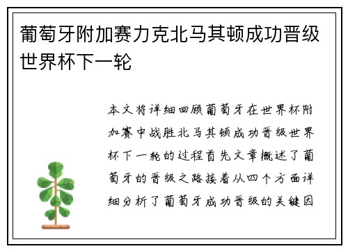 葡萄牙附加赛力克北马其顿成功晋级世界杯下一轮 葡萄牙附加赛力克北马其顿成功晋级世界杯下一轮